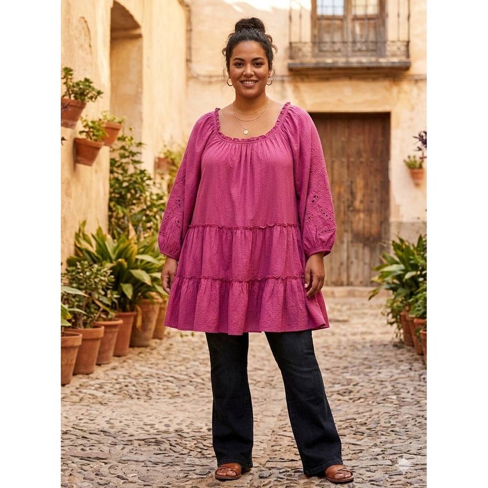 Aveology Tiered Tunic Top‎ Womens 26/28 3X Magenta NWT Eyelet Embroidered Boho